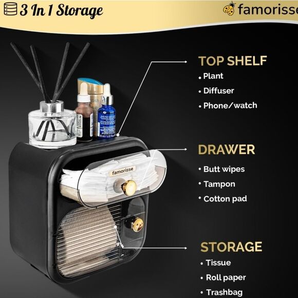 Famorisse Tissue Paper Holder w/Drawer- Black/Rose Gold - Picture 2 of 13